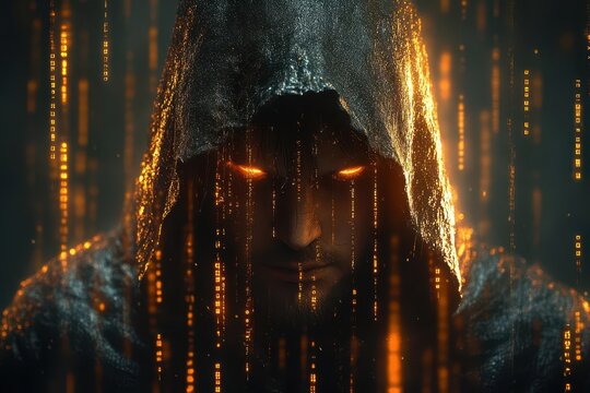 mysterious hooded hacker silhouette emerging from shadows surrounded by flickering lines of code symbolizing cyber threat and digital intrigue