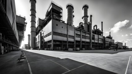 Obraz premium A large industrial complex with tall smokestacks and a wide paved area in front.