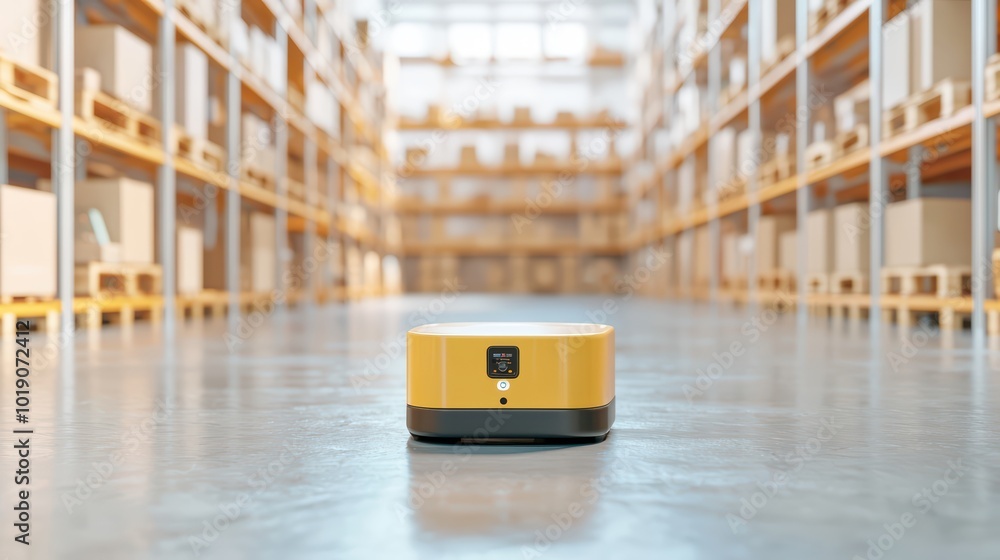 Poster a yellow automated robot in a modern warehouse, designed for efficient inventory management, with sh