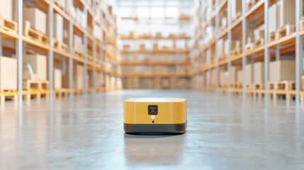 A yellow automated robot in a modern warehouse, designed for efficient inventory management, with shelves in the background.