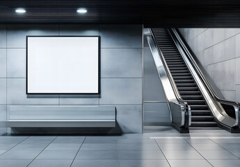 Obraz premium Escalator with an empty poster on concrete wall design