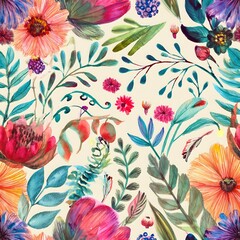 Floral seamless pattern with drawing-watercolor abstract flowers and plants
