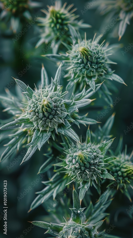 Poster close-up of a thistle showing detailed leaf patterns in its natural setting