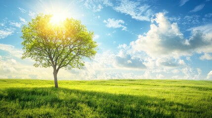 Beautiful tree in a green field with a bright blue sky