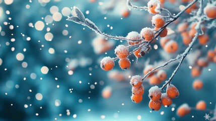Close-up of snow-covered orange berries on frosted branches