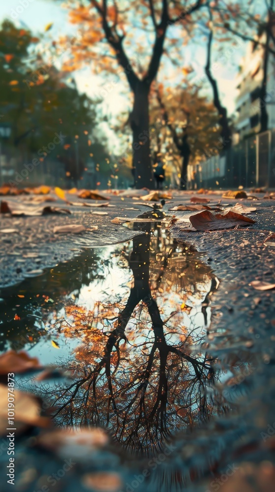Poster reflection of a tree in a park puddle with floating leaves during autumn in an urban setting
