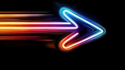 colorful arrow made of glowing light beams, on a black background, icon sign 