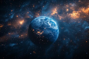 Fototapeta premium Half of earth illuminated by city lights against a black starry night sky in outer space