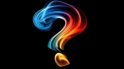 colorful question mark made of glowing light beams, a black background the question mark forms an elegant and dynamic shape with a sense of motion and speed 