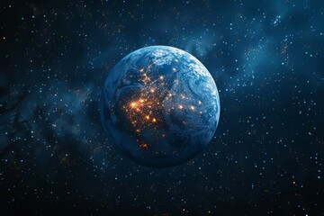 Obraz premium Half of earth illuminated by city lights against a black starry background in outer space