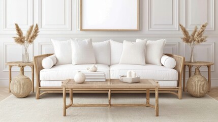 Elegant living room with white sofa, natural decor, and minimalist design for a serene ambiance.