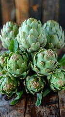 Fototapeta premium Fresh artichokes arranged neatly on a rustic wooden table ready for cooking or serving