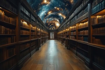 Fototapeta premium mystical cosmic library concept ethereal bookshelves stretching infinitely glowing ancient tomes swirling galaxies spiritual healing atmosphere
