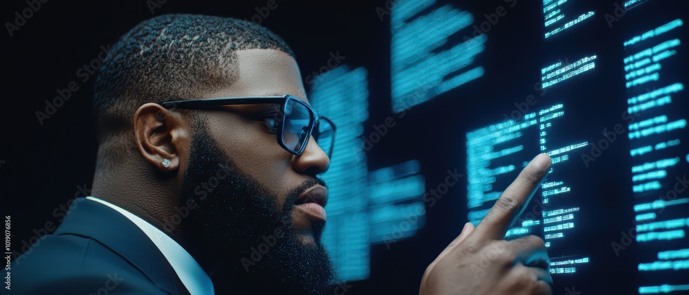 Poster focused man in a suit analyzing data on a digital screen with blue code.