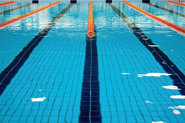 Empty swimming pool lanes with clear blue water and vibrant lane markers.