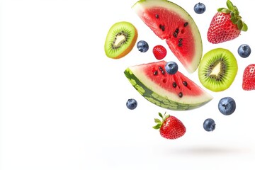 Naklejka premium Fresh fruits including watermelon, strawberries, blueberries, and kiwi, arranged in a dynamic composition on a white background.