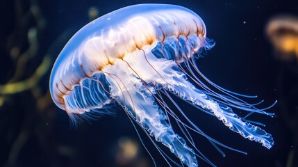 Obraz premium Ethereal Jellyfish Gliding Through Dark Ocean Waters