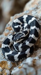 Fototapeta premium A California King Snake coiled on a rock in Monterey, displaying its black and white stripes