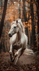 Obraz premium A white Andalusian stallion galloping energetically through autumn woods
