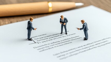 Miniature figures in business suits discussing on a document, showcasing teamwork and professional collaboration.