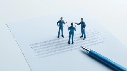 Miniature figurines in a business meeting on a document with a blue pen.