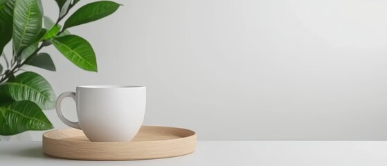 Obraz premium Minimalistic coffee cup on wooden tray with green plant in serene setting.