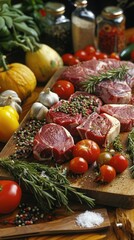 Raw beef steaks with fresh vegetables and seasonings on a cutting board for meal preparation