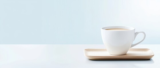 Fototapeta premium Minimalistic white coffee cup on a saucer against a soft gradient background, evoking calmness and simplicity.