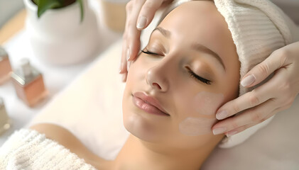 A serene woman indulging in a luxurious facial treatment, her glowing skin reflecting health and beauty, surrounded by elegant skincare products in a softly blurred, relaxing spa environment