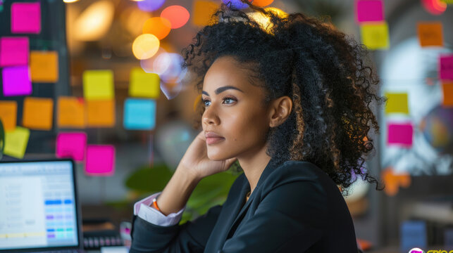 African mix businesswoman is working at the computer Desk office workspace with sticky note from her teamwork after workshop.