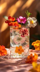 Aesthetic drink with colorful flowers floating on ice during a sunny afternoon gathering