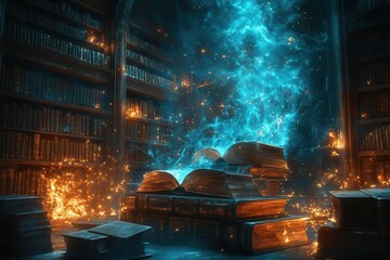 mystical library with floating books swirling magical dust and ethereal beams of light illuminating ancient tomes and arcane symbols