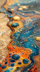 Fototapeta premium Close-up of an abstract painting featuring vibrant blue, orange, and yellow hues on marble slab