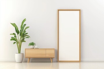 Modern interior featuring a wooden cabinet, large mirror, and a potted plant against a white wall.