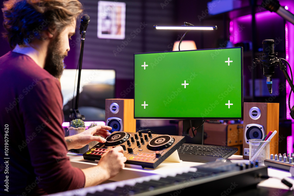 Aufkleber artist composer watching online lessons on greenscreen pc, working in music industry post production