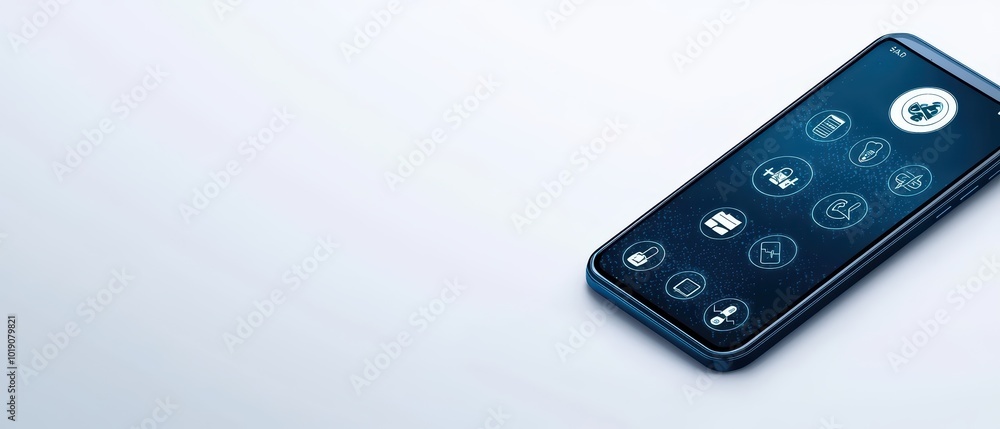 Poster modern smartphone displaying various app icons on a sleek background.