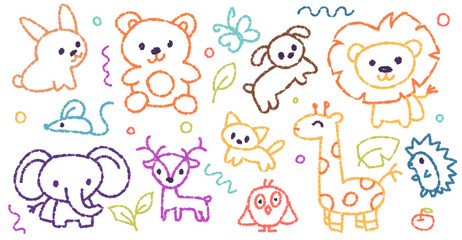 Children crayon doodle set, Animal illustration in childish style. Vector kids hand drawn drawings: lion, bear, cat, dog, hedgehog, mouse, deer