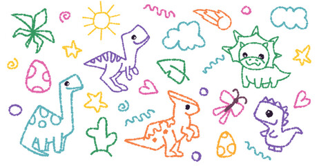 Cute crayon dinosaurs set, doodle kids creature, colorful hand drawn pencil illustration. Dino drawing for kids or children notes or cover design