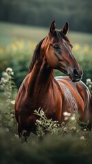 Obraz premium Brown Thoroughbred grazing peacefully in a lush green field during a sunny afternoon