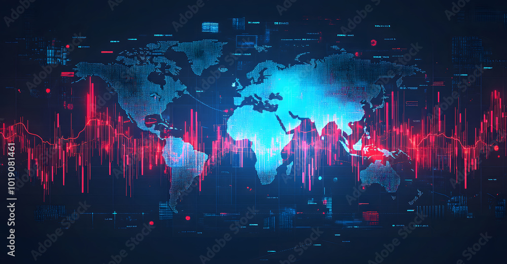 Aufkleber forex trading chart with an upward trend on digital globe background design. 3d rendering design