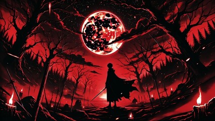 Anime boy on the background of the moon in the dark forest, anime wallpaper 