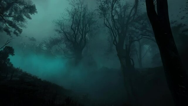 A spooky, fog-filled forest scene with bare trees and a moody atmosphere.