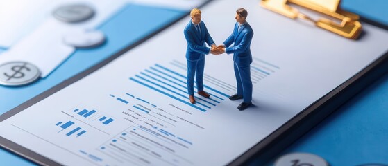 Two miniature business men shaking hands on a clipboard filled with financial charts and reports.
