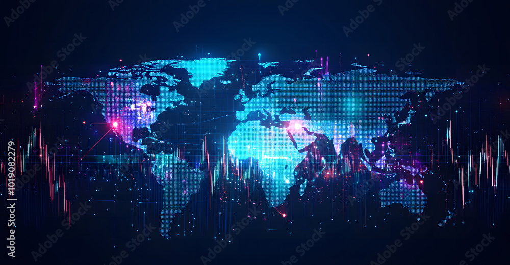 Poster forex trading chart with an upward trend on digital globe background design. 3d rendering design