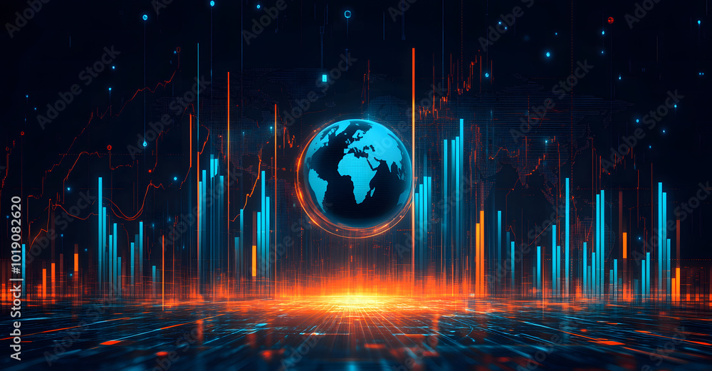 Poster forex trading chart with an upward trend on digital globe background design. 3d rendering design