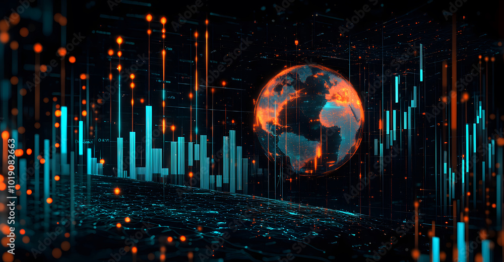 Poster forex trading chart with an upward trend on digital globe background design. 3d rendering design