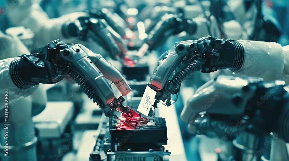 Poster automation in assembly line with robotic arms