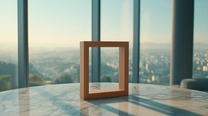 Wooden frame positioned on a marble table with a picturesque city view in the background, showcasing modern living aesthetics.