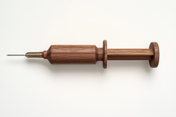 Wooden sewing tool with fine needle for precise fabric work, on white isolated background.