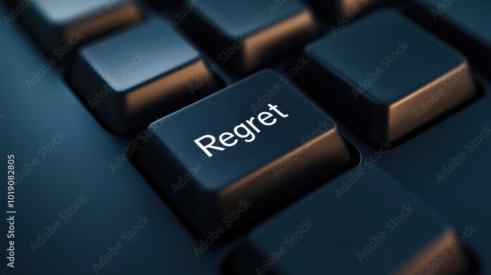 Poster a close up of a computer keyboard with the word regret on it, ai